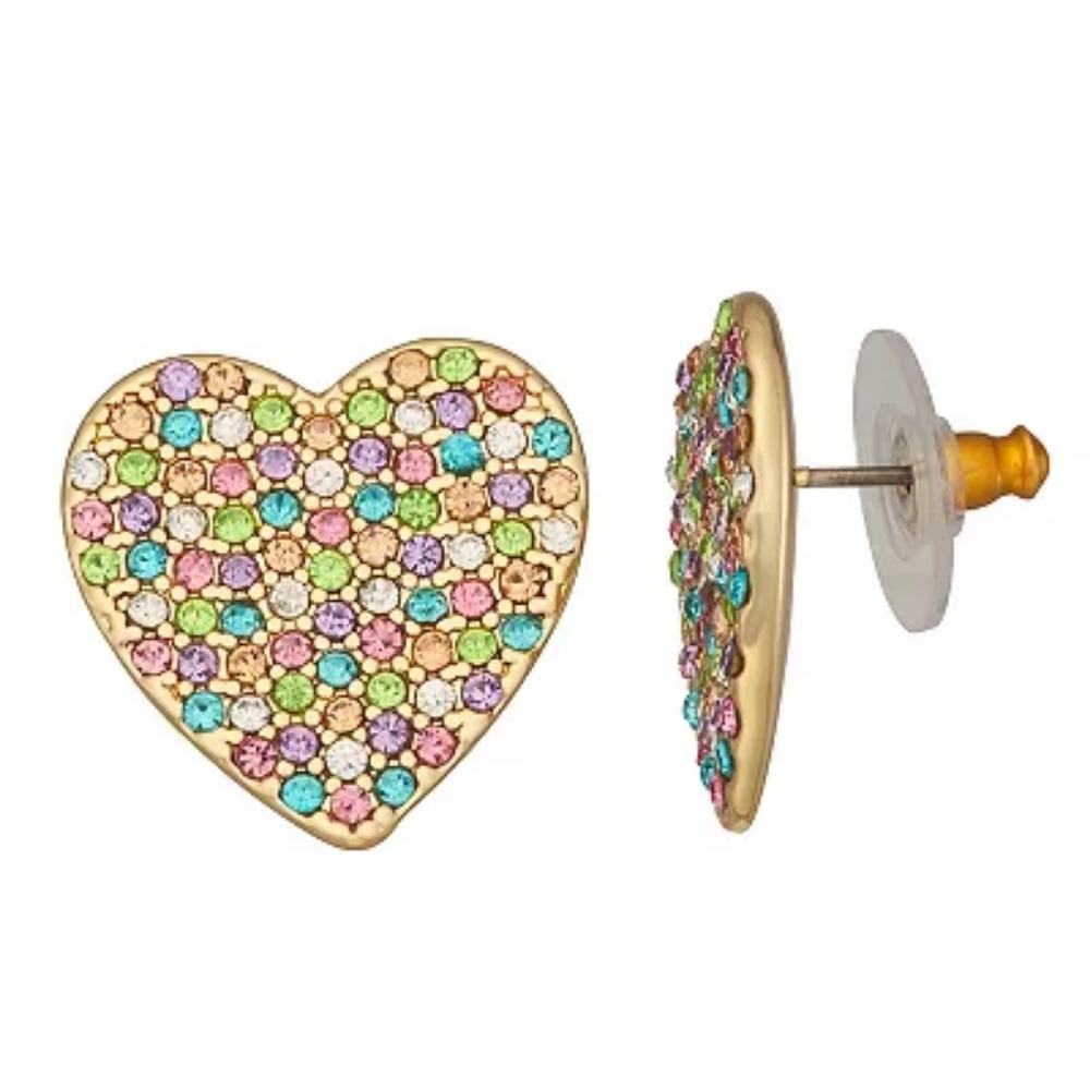 NEW Nine West Gold Plated Pave Heart Stud Earrings Multi Colored Rhinestones